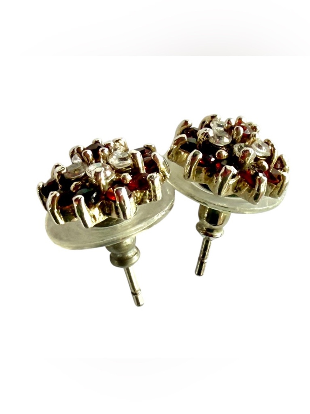 925 Sterling Silver Garnet & White Topaz Pierced Earrings Vintage - Picture 4 of 8